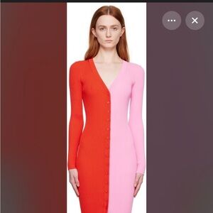 STAUD Two-Tone Ribbed Button-Front Maxi Dress — Red & Pink